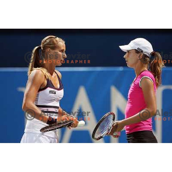 Petra Martic (CRO,right) and Polona Hercog (SLO) in action during match in first round of Banka Koper Slovenia Open WTA tour tennis tournament in Portoroz, Slovenia 20.7.2009 