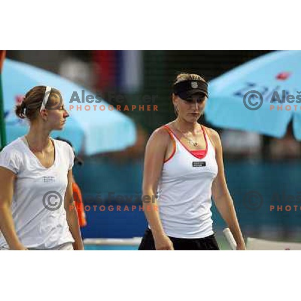 Olga Govortsova (BLR) and Sesil Karatantcheva (KAZ) in action during second round of Banka Koper Slovenia Open, WTA tour, played in SRC Marina, Portoroz 23.7.2009 