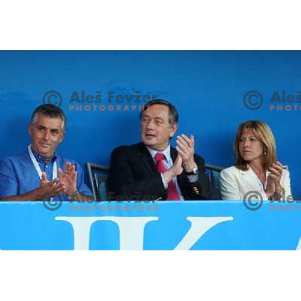 Dr. Danilo Turk, President of Republic of Slovenia and Mima Jausevec watching action during final of Banka Koper Slovenia Open, WTA tour in SRC Marina, Portoroz 26.7.2009 