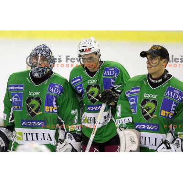 Norm Maracle , Matej Hocevar, Ales Sila at ice-hockey match Tilia Olimpija- Red Bull Salzburg in round 5 of EBEL league, played in Hala Tivoli, Ljubljana, Slovenia 22.9.2009 