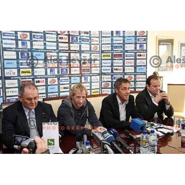 Nestl Aljancic, Tomaz Vnuk , ice- hockey player of Tilia Olimpija announced his retirement from active playing and Mitja Mejac, MAtjaz Sekelj at press conference in Hala Tivoli, Ljubljana, Slovenia 5.10.2009 