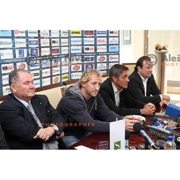 Nestl Aljancic, Tomaz Vnuk , ice- hockey player of Tilia Olimpija announced his retirement from active playing and Mitja Mejac, MAtjaz Sekelj at press conference in Hala Tivoli, Ljubljana, Slovenia 5.10.2009 