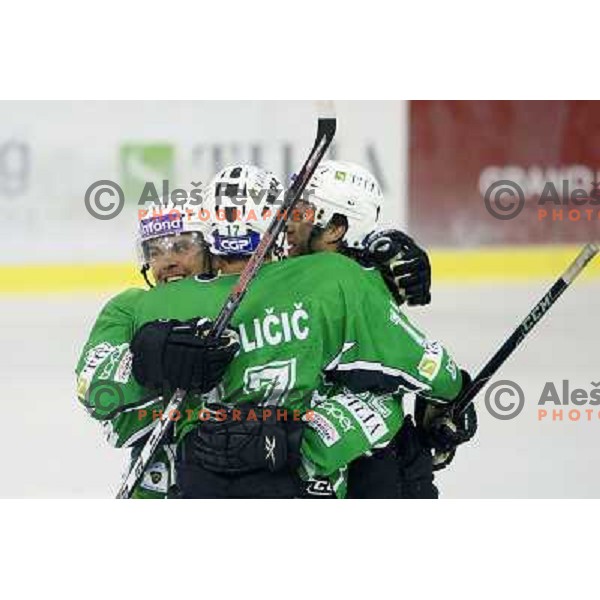 Kevin Mitchell, Jurij Golicic, Greg Kuznik celebrate goal during ice-hockey match Tilia Olimpija- VSV, played in round 11 of Ebel league in Hala Tivoli, Ljubljana 9.10.2009. Tilia Olimpija won 3:0 