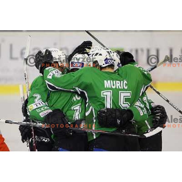 Egon Muric and Kevin Mitchell celebrate goal during ice-hockey match Tilia Olimpija- VSV, played in round 11 of Ebel league in Hala Tivoli, Ljubljana 9.10.2009. Tilia Olimpija won 3:0 