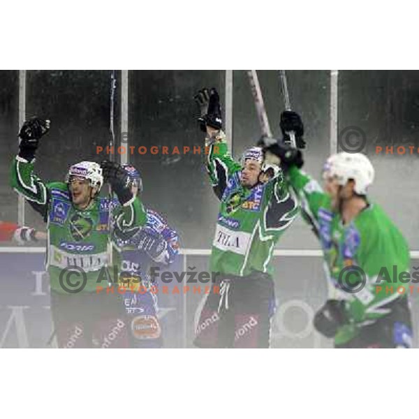 Brendan Yarema, Jurij Golicic celebrate goal during ice-hockey match Tilia Olimpija- VSV, played in round 11 of Ebel league in Hala Tivoli, Ljubljana 9.10.2009. Tilia Olimpija won 3:0 