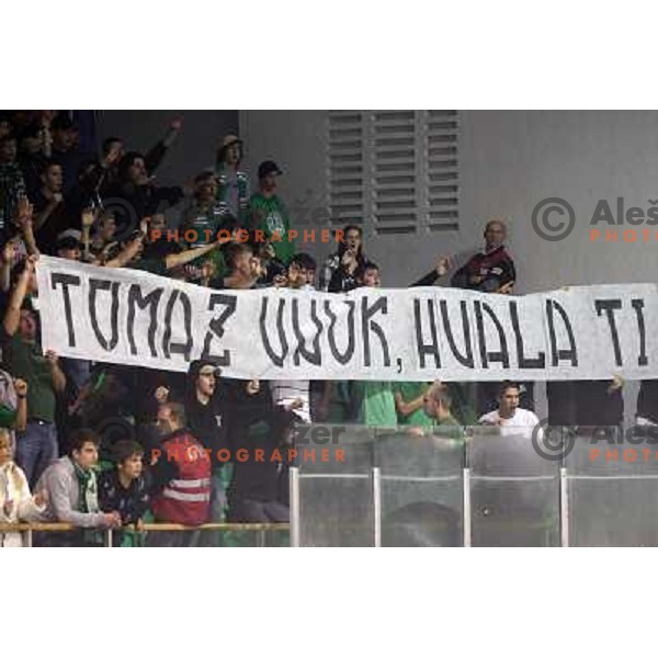 Tilia Olimpija fans cheering for Tomaz Vnuk during ice-hockey match Tilia Olimpija- VSV, played in round 11 of Ebel league in Hala Tivoli, Ljubljana 9.10.2009. Tilia Olimpija won 3:0 