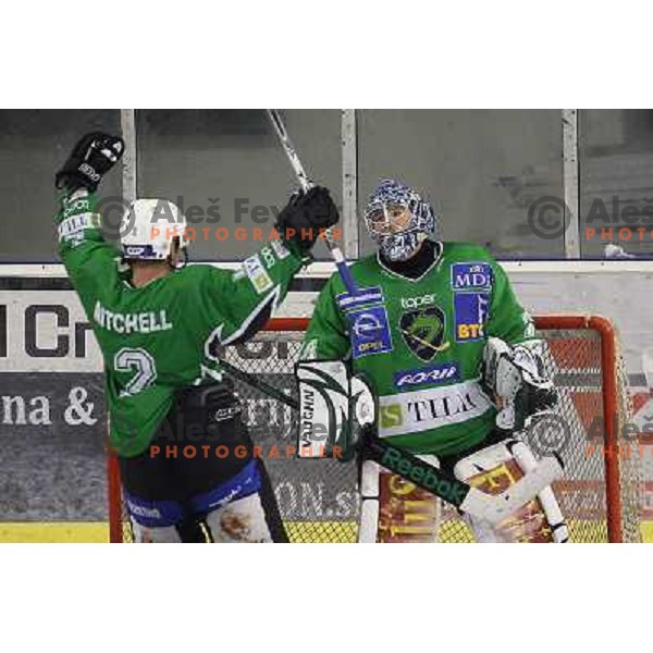 Kevin Mitchell , Norm Maracle celebrate victory during ice-hockey match Tilia Olimpija- VSV, played in round 11 of Ebel league in Hala Tivoli, Ljubljana 9.10.2009. Tilia Olimpija won 3:0 