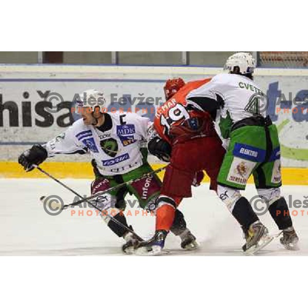 Kevin Mitchell ,Ales Remar, Igor Cvetek at ice-hockey match Acroni Jesenice- Tilia Olimpija in round 14 of Ebel league, played in Podmezakla Hall, Jesenice 16.10.2009. Acroni Jesenice won 7:5 