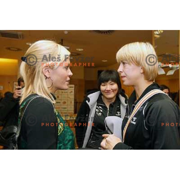 Spela Cerar ,Ludmila Bodnieva and Marina Vergelyuk at press conference of handball club Krim Mercator, hotel M, Ljubljana, Slovenia 20.10.2009 