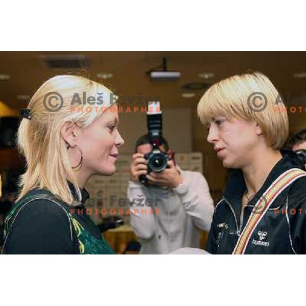 Spela Cerar and Marina Vergelyuk at press conference of handball club Krim Mercator, hotel M, Ljubljana, Slovenia 20.10.2009 