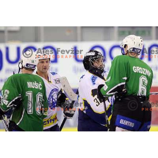 Robert Kristan , Andrej Tavzelj during ice-hockey match Tilia Olimpija-Medvescak in round in Ebel league, played in Hala Tivoli, Ljubljana, Slovenia 25.10.2009 