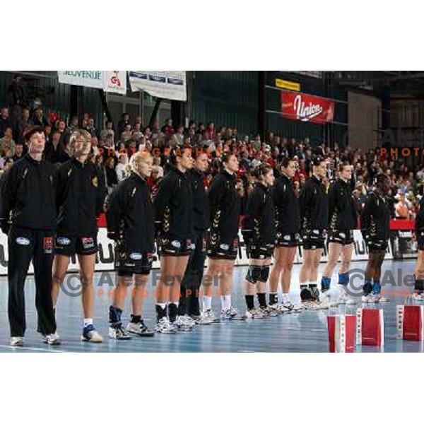 Krim line-up before action during handball match Krim Mercator- Aalborg DH in round 2 of Championsleague, played at Kodeljevo, Ljubljana, Slovenia 31.10.2009 