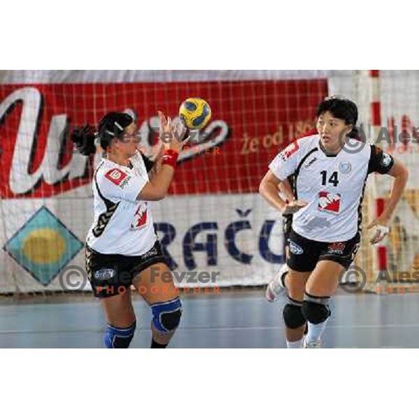 Urska Vidic, Liudmila Bodnieva in action during handball match Krim Mercator- Aalborg DH in round 2 of Championsleague, played at Kodeljevo, Ljubljana, Slovenia 31.10.2009 