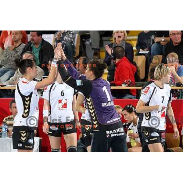 Szandra Zacsik and Jelena Grubisic in action during handball match Krim Mercator- Aalborg DH in round 2 of Championsleague, played at Kodeljevo, Ljubljana, Slovenia 31.10.2009 