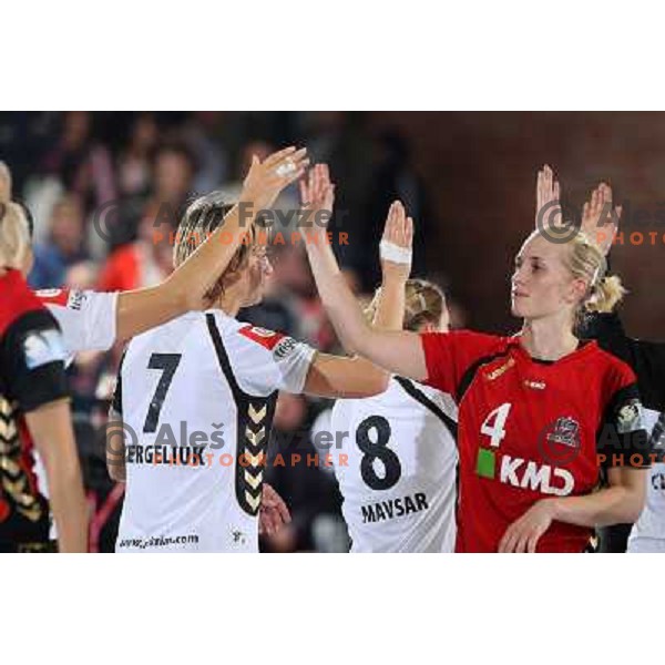 Marina Vergelyuk and Mortensen after handball match Krim Mercator- Aalborg DH in round 2 of Championsleague, played at Kodeljevo, Ljubljana, Slovenia 31.10.2009 