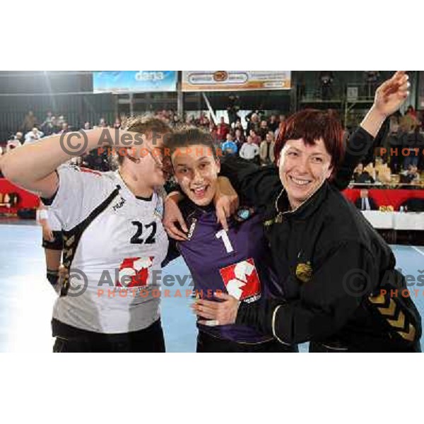 Jelena Grubisic ,dragana Cvijic, Sergeja Stefanisin after handball match Krim Mercator- Aalborg DH in round 2 of Championsleague, played at Kodeljevo, Ljubljana, Slovenia 31.10.2009 