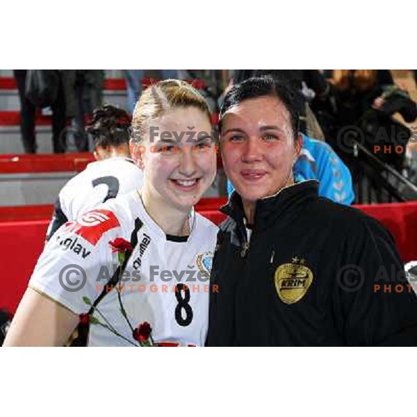 Tamara Mavsar, Urska Vidic after handball match Krim Mercator- Aalborg DH in round 2 of Championsleague, played at Kodeljevo, Ljubljana, Slovenia 31.10.2009 