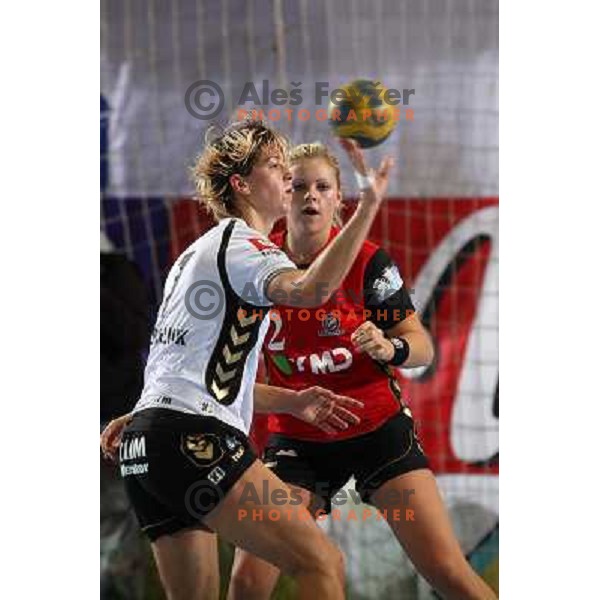 Marina Vergelyuk and Julie Aagard in action during handball match Krim Mercator- Aalborg DH in round 2 of Championsleague, played at Kodeljevo, Ljubljana, Slovenia 31.10.2009 