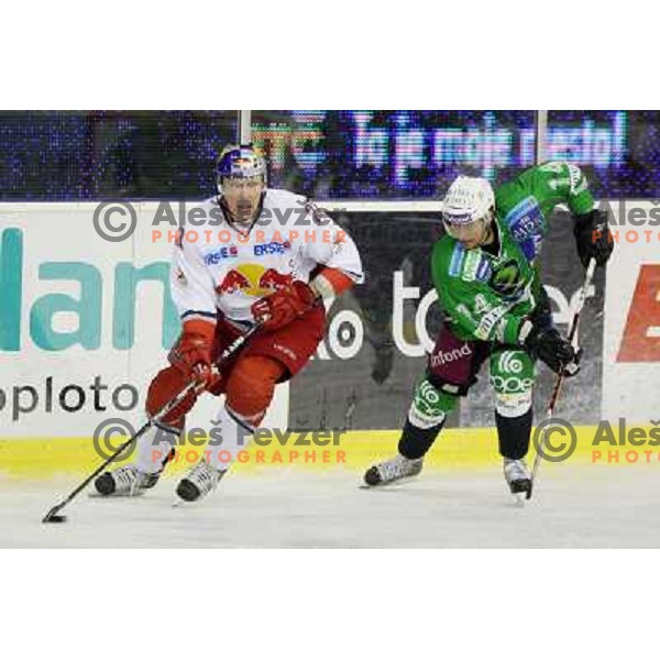 Matej Hocevar and Siklenka in action during ice-hockey match Tilia Olimpija-Red Bull Salzburg in Ebel league, played in Hala Tivoli, Ljubljana, Slovenia 1.10.2009 