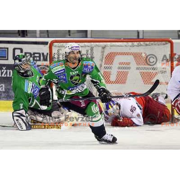  Ales Sila, Jurij Golicic in action during ice-hockey match Tilia Olimpija-Red Bull Salzburg in Ebel league, played in Hala Tivoli, Ljubljana, Slovenia 1.10.2009 