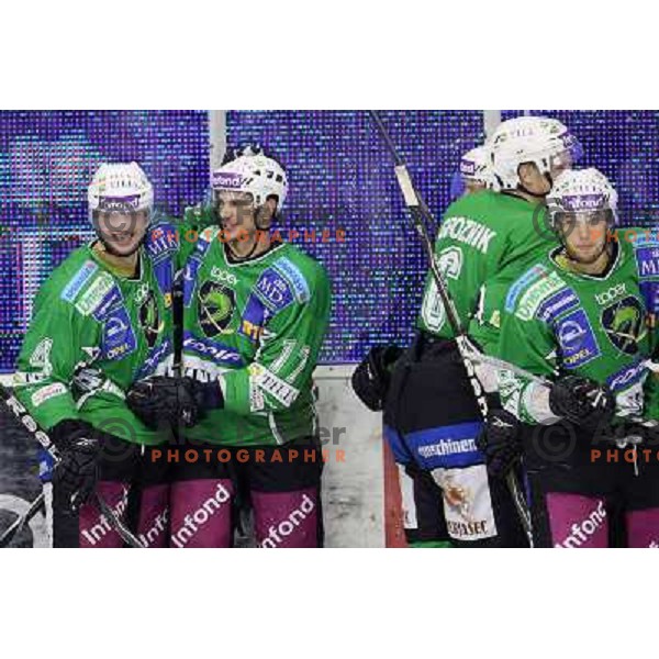 Igor Cvetek, Jurij Golicic , Ziga Pance in action during ice-hockey match Tilia Olimpija-Red Bull Salzburg in Ebel league, played in Hala Tivoli, Ljubljana, Slovenia 1.10.2009 