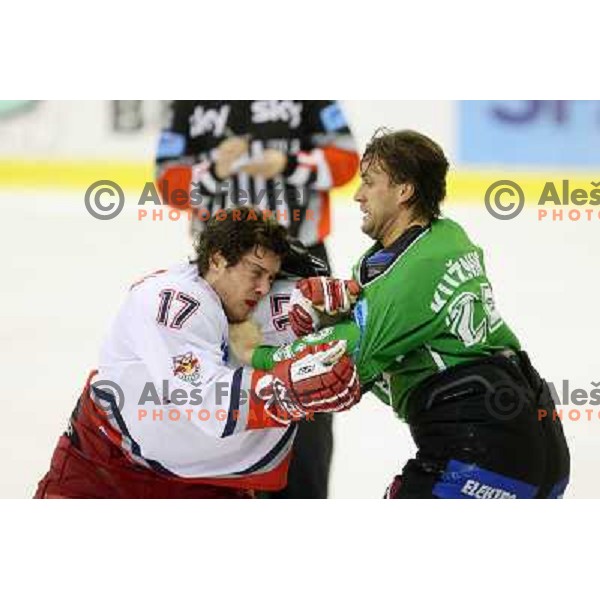 Michael Gergen (17) and Greg Kuznik (22) in fight action during ice-hockey match Tilia Olimpija-Red Bull Salzburg in Ebel league, played in Hala Tivoli, Ljubljana, Slovenia 1.10.2009 