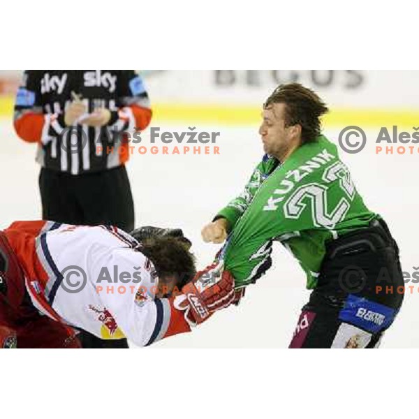 Michael Gergen (17) and Greg Kuznik (22) in fight action during ice-hockey match Tilia Olimpija-Red Bull Salzburg in Ebel league, played in Hala Tivoli, Ljubljana, Slovenia 1.10.2009 