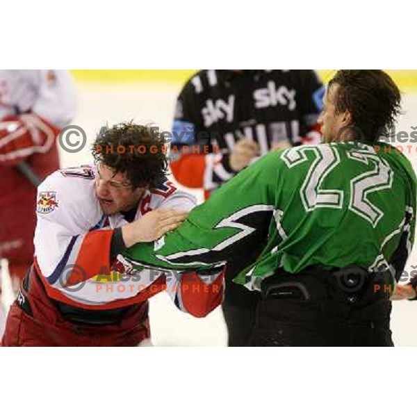 Michael Gergen (17) and Greg Kuznik (22) in fight action during ice-hockey match Tilia Olimpija-Red Bull Salzburg in Ebel league, played in Hala Tivoli, Ljubljana, Slovenia 1.10.2009 