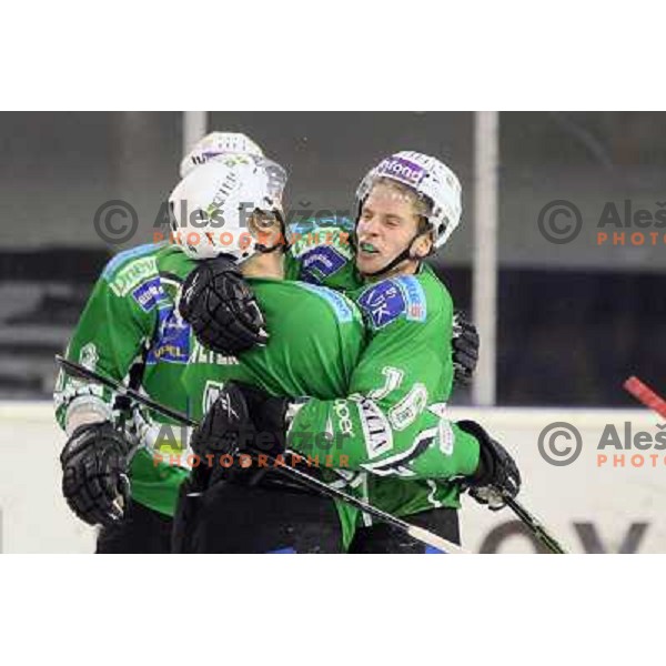 Igor Cvetek, and Ales Music who scores goal during ice-hockey match Tilia Olimpija-Red Bull Salzburg in Ebel league, played in Hala Tivoli, Ljubljana, Slovenia 1.10.2009 