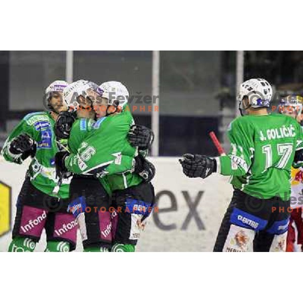 Igor Cvetek, and Ales Music who scores goal during ice-hockey match Tilia Olimpija-Red Bull Salzburg in Ebel league, played in Hala Tivoli, Ljubljana, Slovenia 1.10.2009 