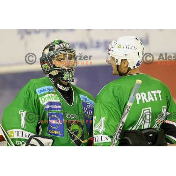 Ales Sila and Harlan Pratt in action during ice-hockey match Tilia Olimpija-Red Bull Salzburg in Ebel league, played in Hala Tivoli, Ljubljana, Slovenia 1.10.2009 