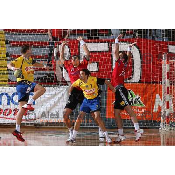 Baran Putich, Matjaz Brumen in action during handball match RD Slovan- RK Cimos Koper in Mik 1.Liga, played at Kodeljevo, Ljubljana, Slovenia 6.11.2009 