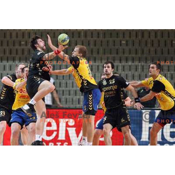 Rnic, Poklar in action during handball match Cimos Koper- Gorenje in MIK 1.liga, played in Bonifika Hall, koper, Slovenia 15.11.2009 