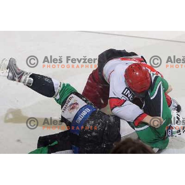 Egon Muric and Robert Sablic in fist fight during ice-hockey match Tilia Olimpija- Acroni Jesenice in Ebel league, played in Hala Tivoli, Ljubljana, Slovenia 27.11.2009 