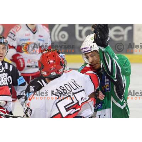 Egon Muric and Robert Sablic in fist fight during ice-hockey match Tilia Olimpija- Acroni Jesenice in Ebel league, played in Hala Tivoli, Ljubljana, Slovenia 27.11.2009 