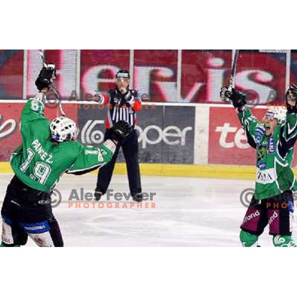 Ziga Pance, Ales Music celebrate goal during ice-hockey match Tilia Olimpija- Acroni Jesenice in Ebel league, played in Hala Tivoli, Ljubljana, Slovenia 27.11.2009 