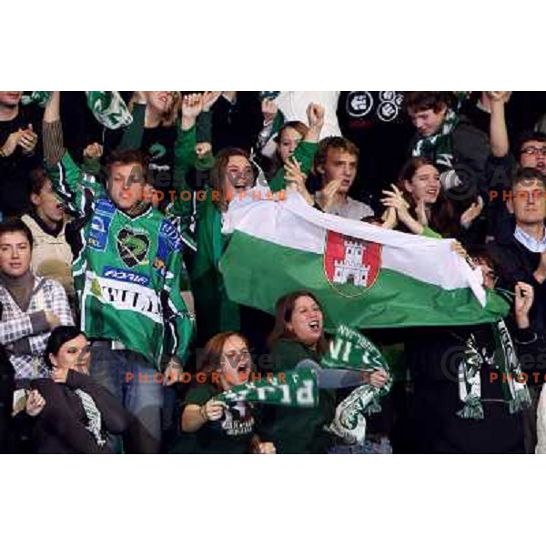 Tilia Olimpija fans in action during ice-hockey match Tilia Olimpija- Acroni Jesenice in Ebel league, played in Hala Tivoli, Ljubljana, Slovenia 27.11.2009. 