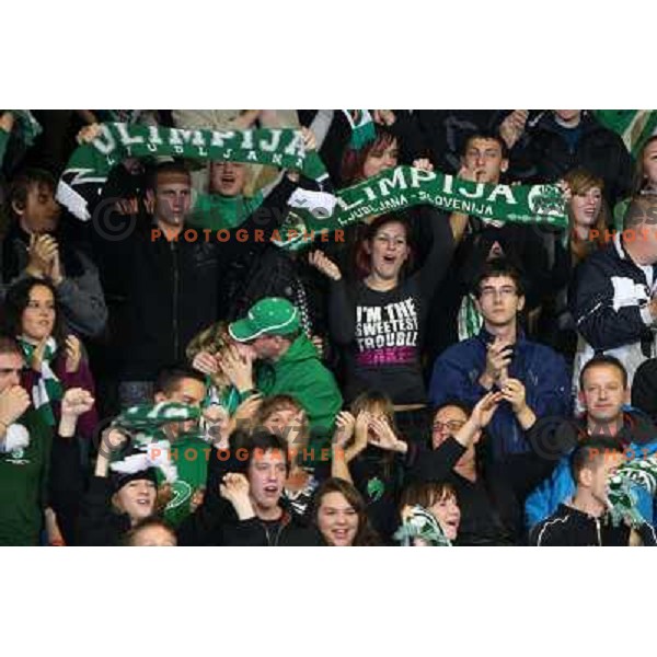 Tilia Olimpija fans in action during ice-hockey match Tilia Olimpija- Acroni Jesenice in Ebel league, played in Hala Tivoli, Ljubljana, Slovenia 27.11.2009. 