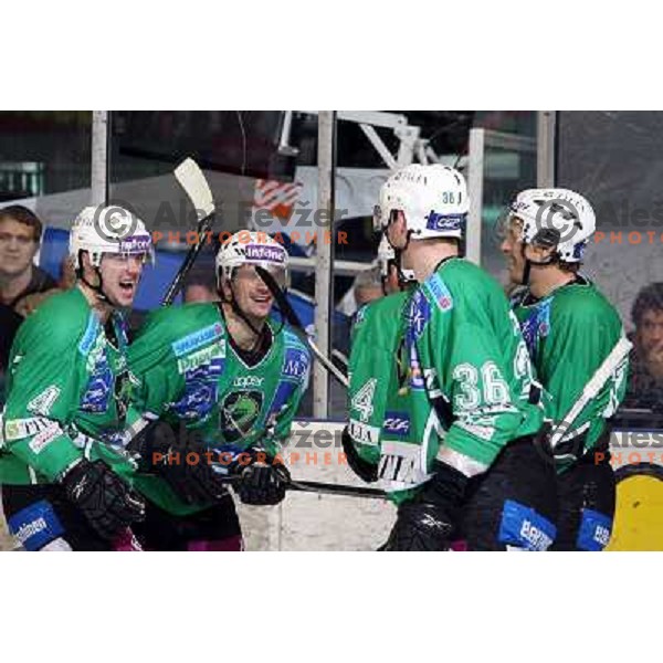 Andrej Tavzelj, Igor Cvetek,Matej Hocevar, Jurij Golicic,Egon Muric celebrate goal during ice-hockey match Tilia Olimpija- Acroni Jesenice in Ebel league, played in Hala Tivoli, Ljubljana, Slovenia 27.11.2009. 