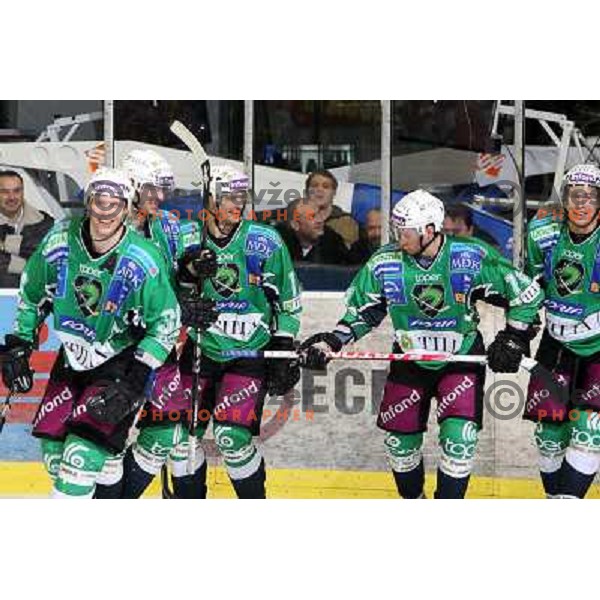 Andrej tavzelj, Igor Cvetek,Matej Hocevar, Jurij Golicic,Egon Muric celebrate goal during ice-hockey match Tilia Olimpija- Acroni Jesenice in Ebel league, played in Hala Tivoli, Ljubljana, Slovenia 27.11.2009. 