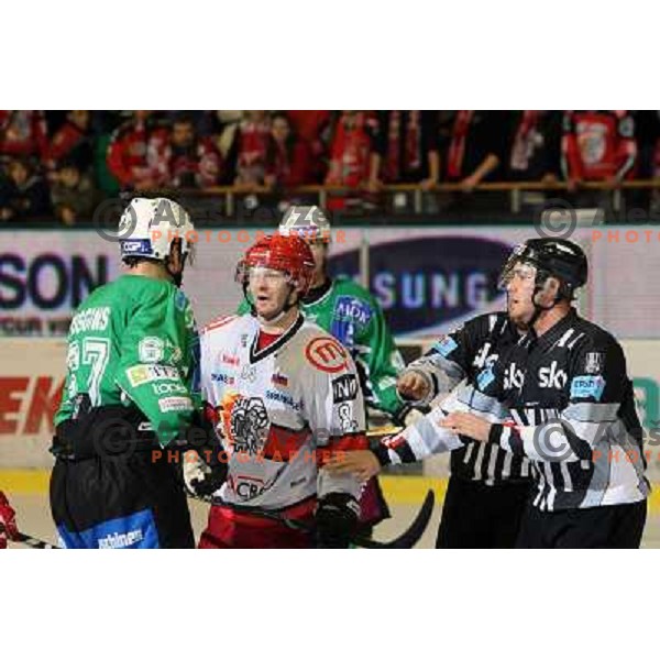 Matt Higgins, Andrej Hebar in action during ice-hockey match Tilia Olimpija- Acroni Jesenice in Ebel league, played in Hala Tivoli, Ljubljana, Slovenia 27.11.2009. 