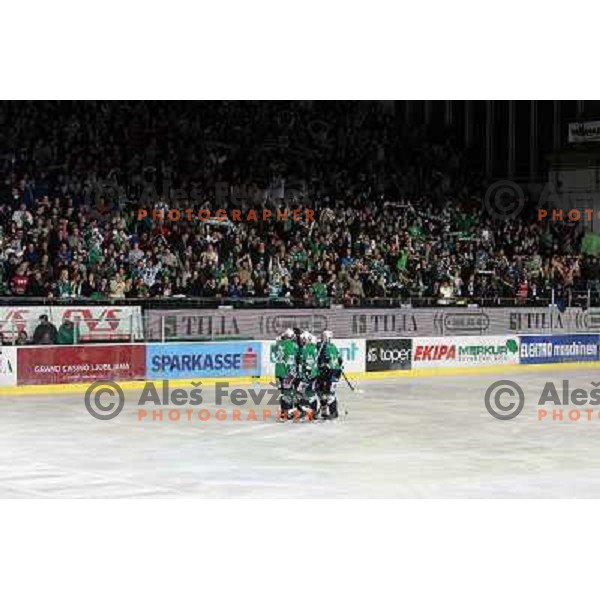 Frank Banham, Ales Music celebrate goal during ice-hockey match Tilia Olimpija- Acroni Jesenice in Ebel league, played in Hala Tivoli, Ljubljana, Slovenia 27.11.2009. 