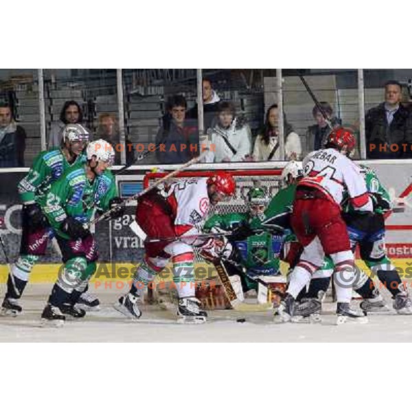 Robert Robins, Andrej Hebar, Ales Sila, Jurij Golicic,Greg Kuznik in action during ice-hockey match Tilia Olimpija- Acroni Jesenice in Ebel league, played in Hala Tivoli, Ljubljana, Slovenia 27.11.2009. 