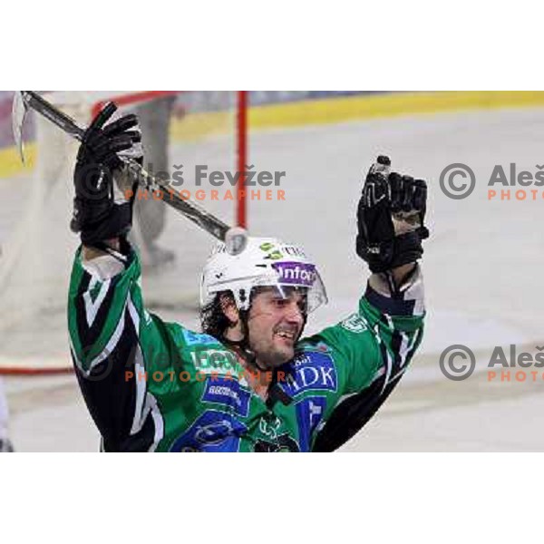 Frank Banham celebrates victory after ice-hockey match Tilia Olimpija- Acroni Jesenice in Ebel league, played in Hala Tivoli, Ljubljana, Slovenia 27.11.2009. 