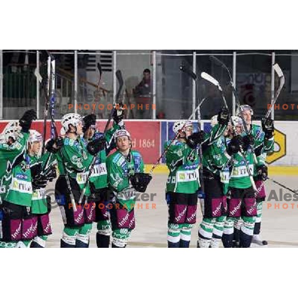 Matej Hocevar, Jurij Golicic,Ales Sila celebrate victory after ice-hockey match Tilia Olimpija- Acroni Jesenice in Ebel league, played in Hala Tivoli, Ljubljana, Slovenia 27.11.2009. 