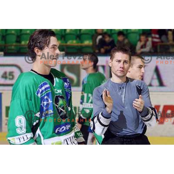 Matej Hocevar, Burke Henry celebrate victory after ice-hockey match Tilia Olimpija- Acroni Jesenice in Ebel league, played in Hala Tivoli, Ljubljana, Slovenia 27.11.2009. 