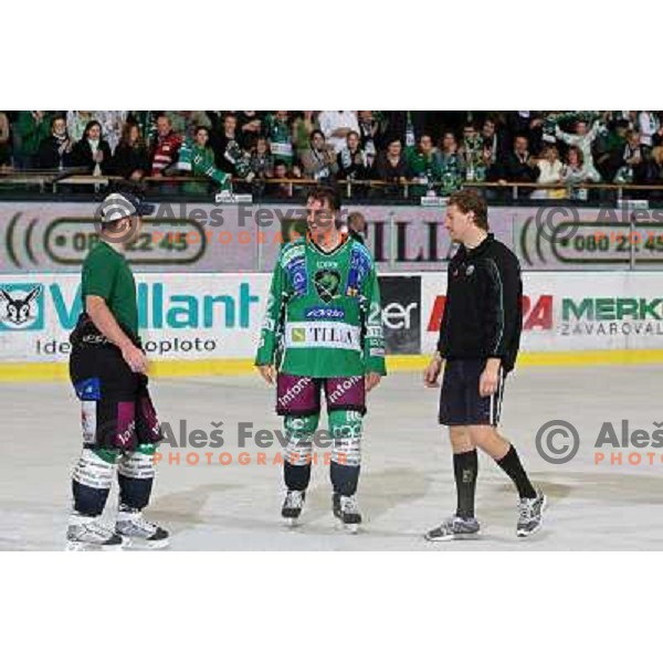 Mitchell, Kuznik, Muric celebrate victory after ice-hockey match Tilia Olimpija- Acroni Jesenice in Ebel league, played in Hala Tivoli, Ljubljana, Slovenia 27.11.2009. 