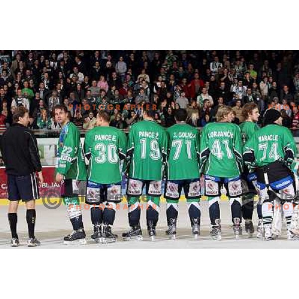 Egon Muric, Greg Kuznik, Erik Pance,Ziga Pance, Bostjan Golicic, Florjancic, Berlisk, Maracle, celebrate victory after ice-hockey match Tilia Olimpija- Acroni Jesenice in Ebel league, played in Hala Tivoli, Ljubljana, Slovenia 27.11.2009. 