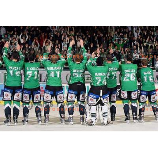 Ziga Pance, Bostjan Golicic, Florjancic, Berlisk, Maracle, Jurij Golicic, Brigley, Music celebrate victory after ice-hockey match Tilia Olimpija- Acroni Jesenice in Ebel league, played in Hala Tivoli, Ljubljana, Slovenia 27.11.2009. 