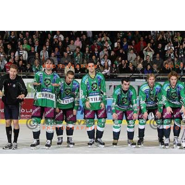 Egon Muric,Greg Kuznik,,Erik Pance,Ziga Pance, Bostjan Golicic, Florjancic,Berlisk celebrate vicotry after ice-hockey match Tilia Olimpija- Acroni Jesenice in Ebel league, played in Hala Tivoli, Ljubljana, Slovenia 27.11.2009. 